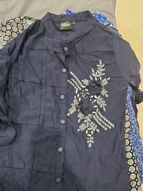 Kinona Navy Button-Front Jacket with Silver Floral Embroidery